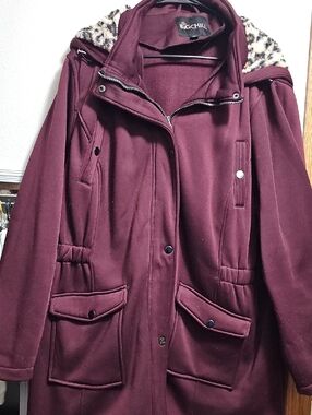 Big Chill Women's Maroon Hooded Trench Coat with Leopard print hood